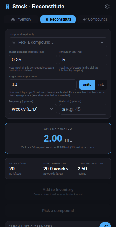 DosePlot reconstitution calculator: BAC water to add, resulting concentration, draw volume in insulin units, doses per vial, and vial duration